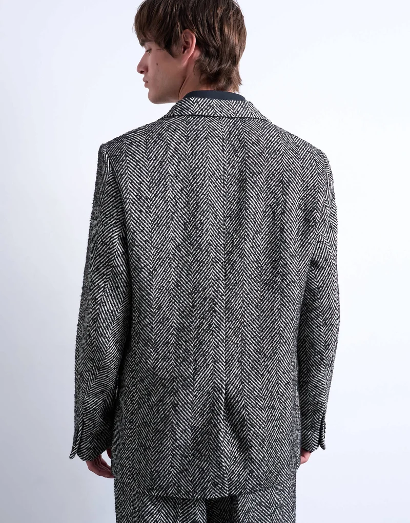 Topman relaxed herringbone wool blend blazer in black