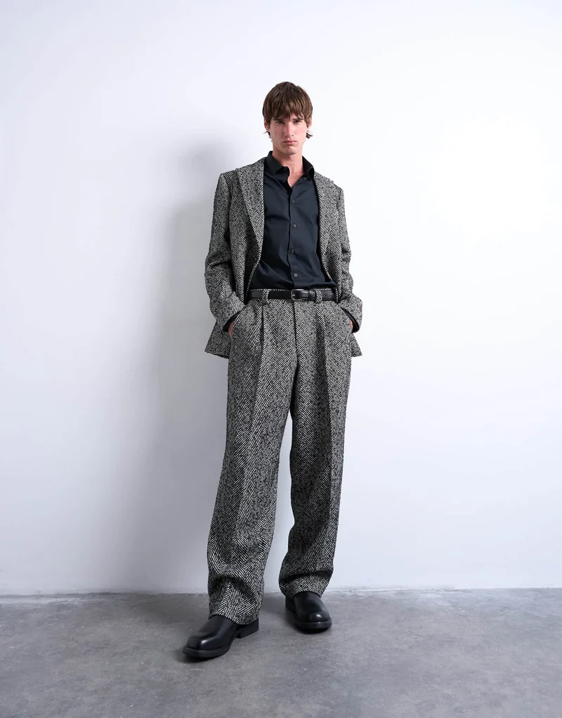 Topman relaxed herringbone wool blend blazer in black