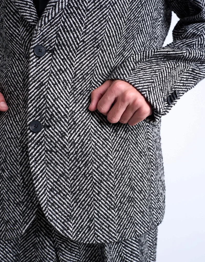 Topman relaxed herringbone wool blend blazer in black