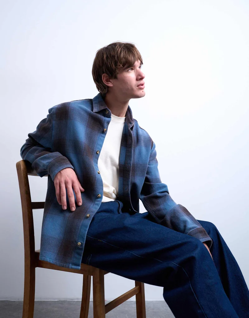 Topman relaxed fit washed check shirt in blue