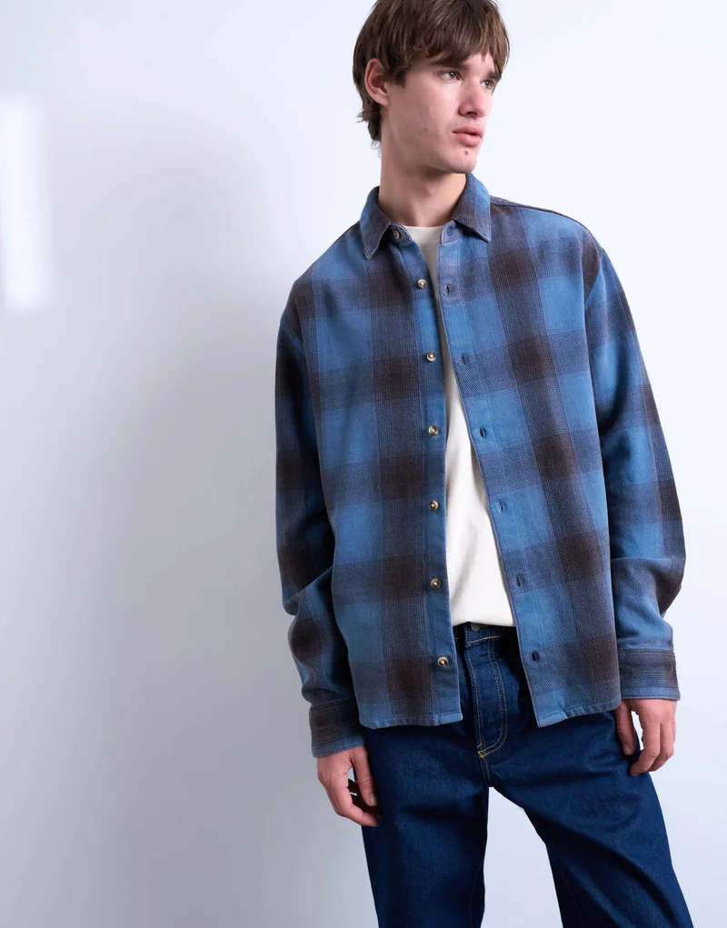 Topman relaxed fit washed check shirt in blue