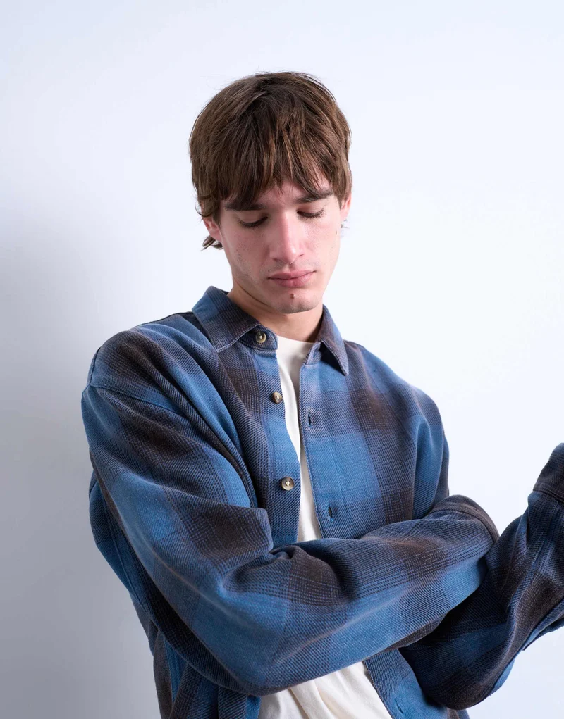 Topman relaxed fit washed check shirt in blue