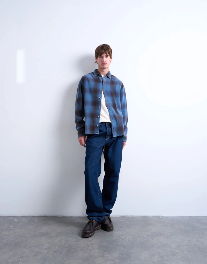 Topman relaxed fit washed check shirt in blue
