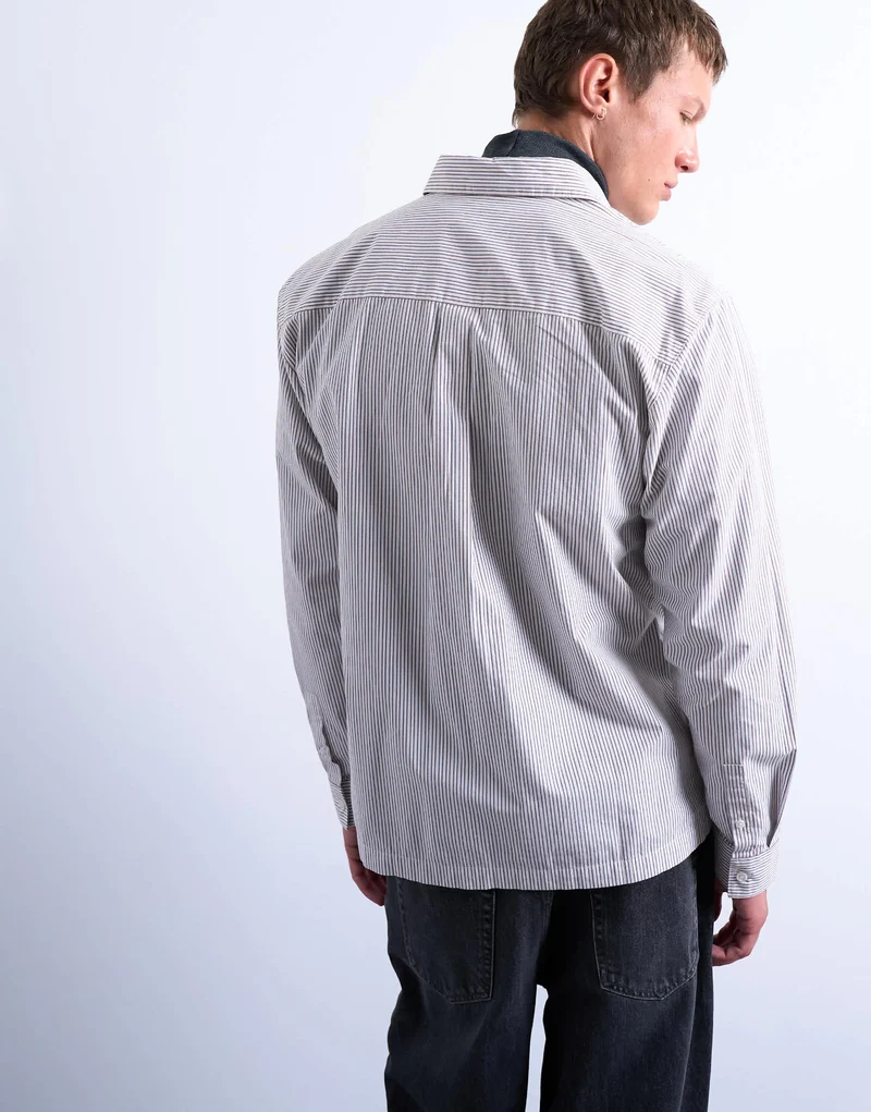 Topman relaxed fit stripe shirt in tonal ecru & brown