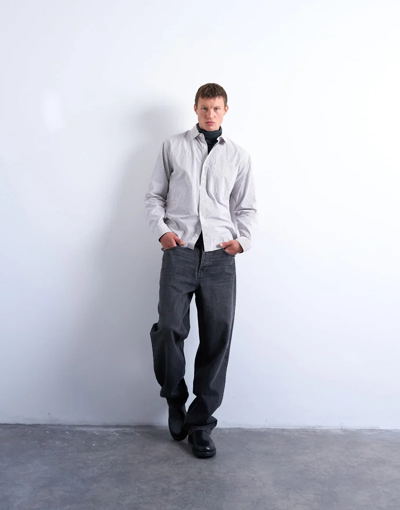 Topman relaxed fit stripe shirt in tonal ecru & brown