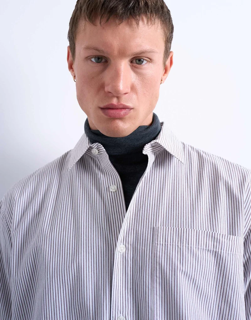 Topman relaxed fit stripe shirt in tonal ecru & brown
