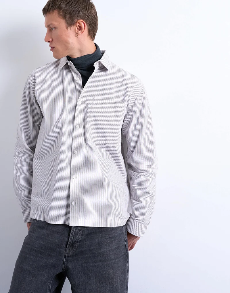 Topman relaxed fit stripe shirt in tonal ecru & brown