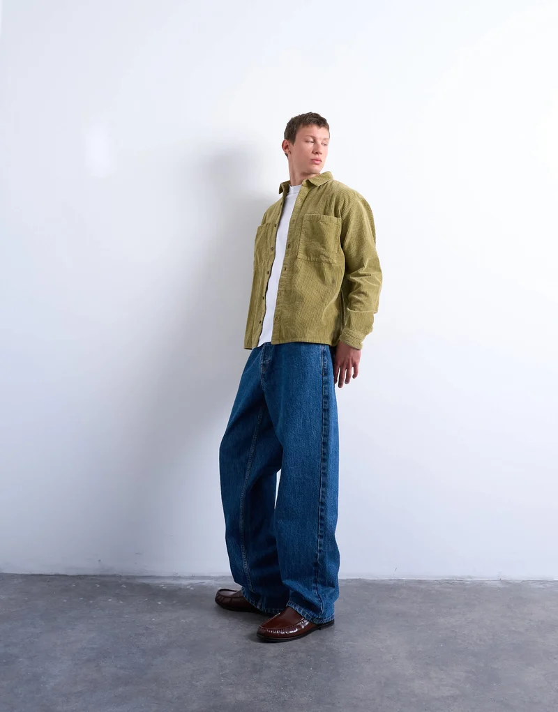 Topman regular fit cord shirt in washed green