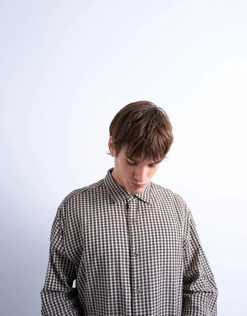 Topman regular fit textured gingham check shirt in brown