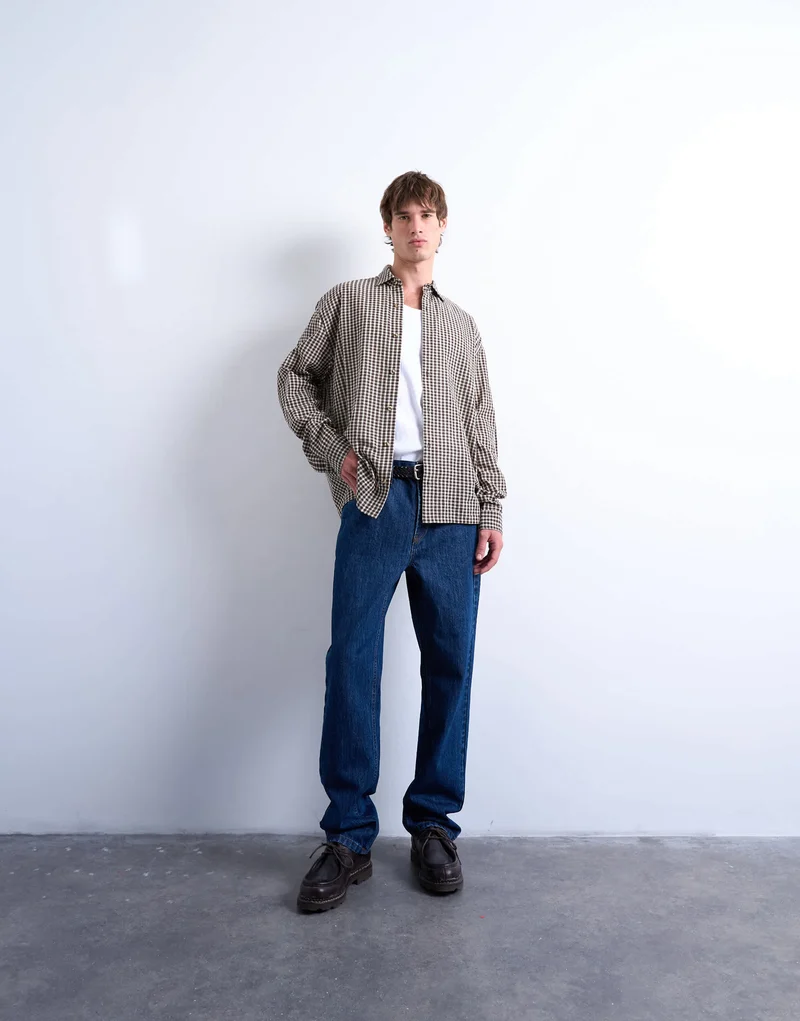 Topman regular fit textured gingham check shirt in brown