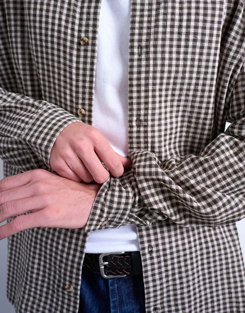 Topman regular fit textured gingham check shirt in brown