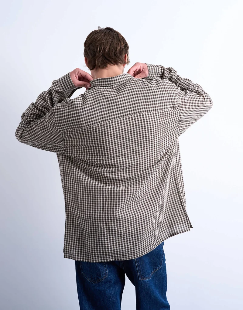 Topman regular fit textured gingham check shirt in brown
