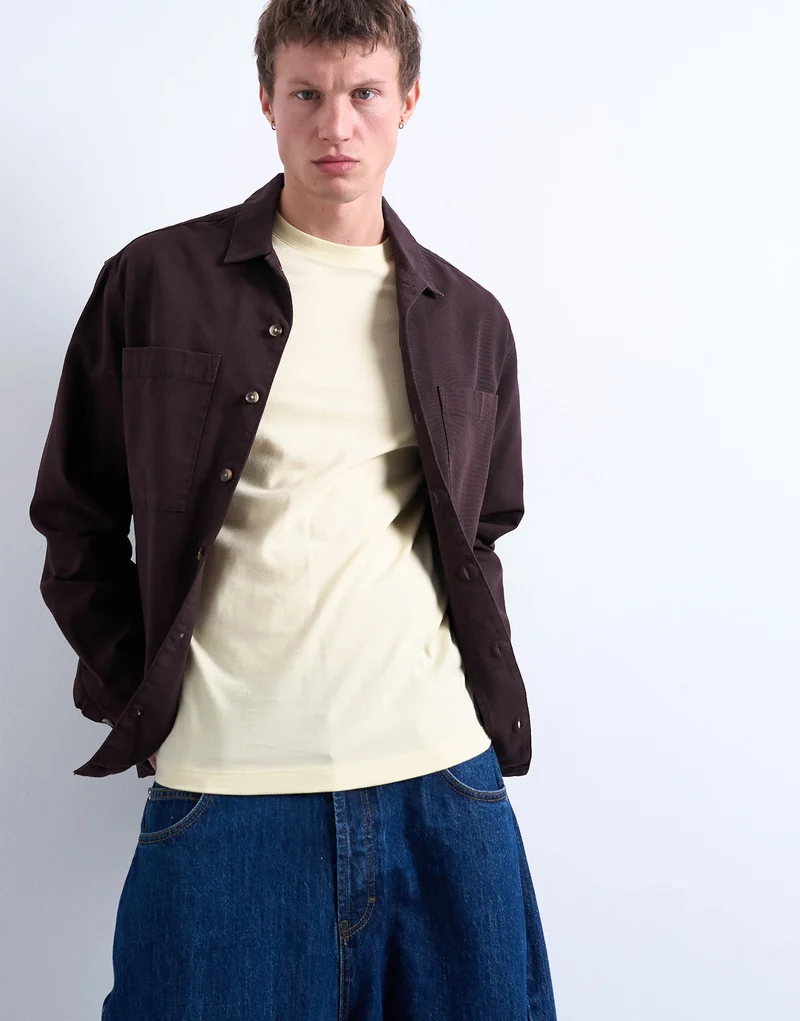 Topman regular fit twill overshirt in brown
