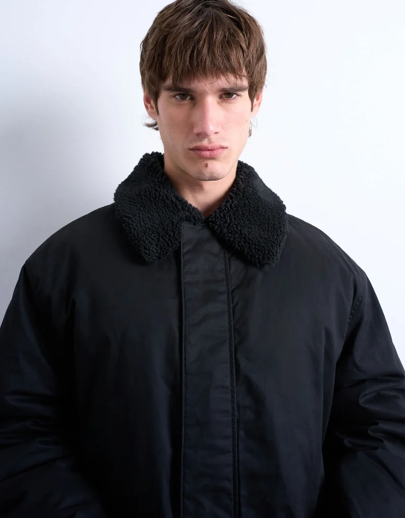 Topman padded coach jacket with borg collar in black
