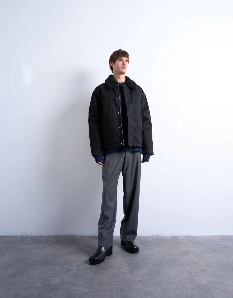 Topman padded coach jacket with borg collar in black