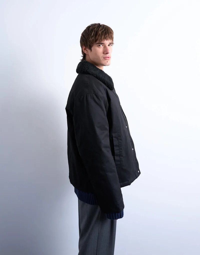 Topman padded coach jacket with borg collar in black