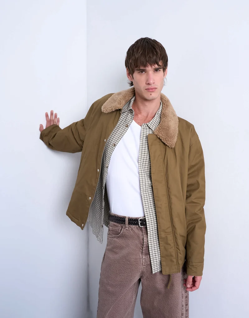 Topman padded coach jacket with borg collar in stone