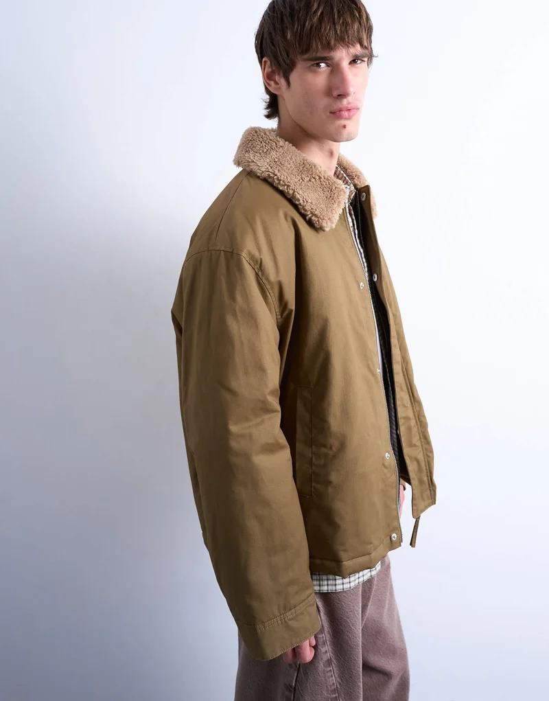 Topman padded coach jacket with borg collar in stone