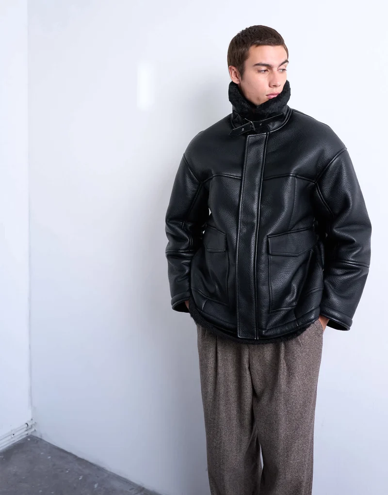 Topman faux shearling jacket with patch pockets in black