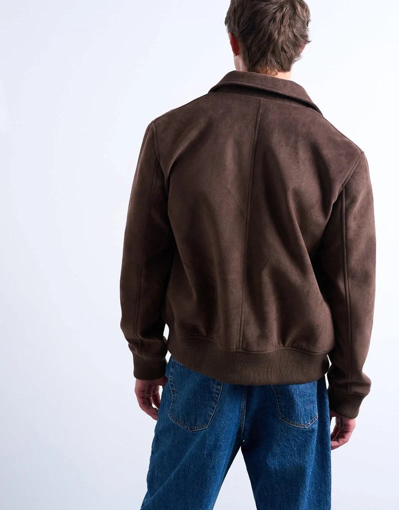 Topman faux suede harrington jacket in brown