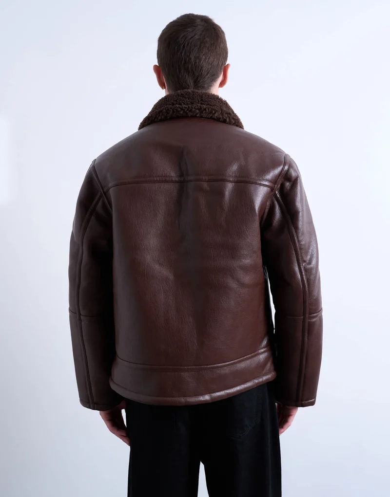 Topman faux shearling jacket with zip pockets in brown