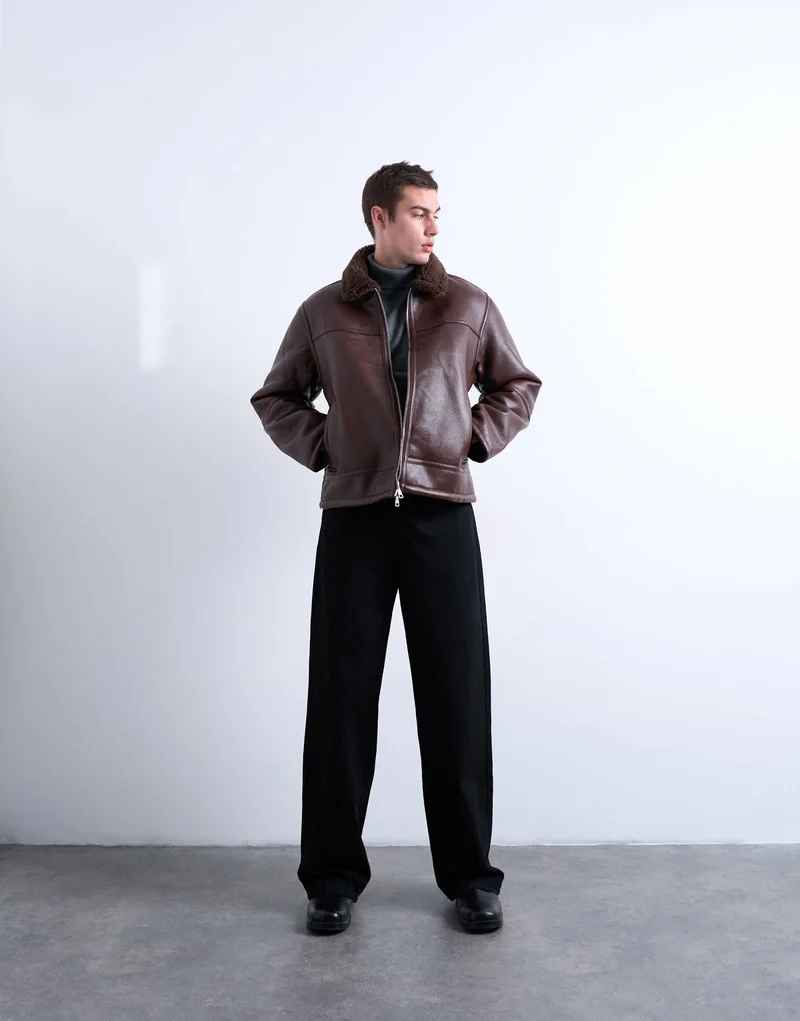Topman faux shearling jacket with zip pockets in brown