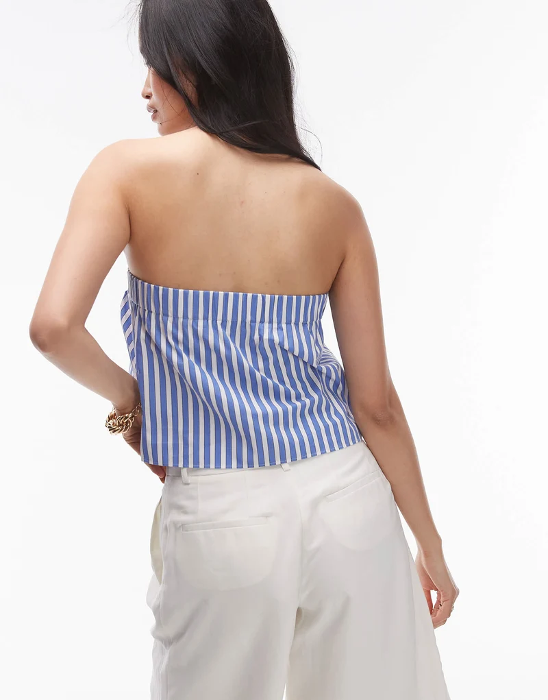 Topshop cotton stripe bandeau top in blue stripe