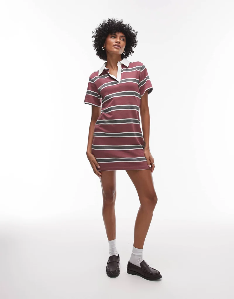 Topshop jersey shrunken polo mini dress in red stripe