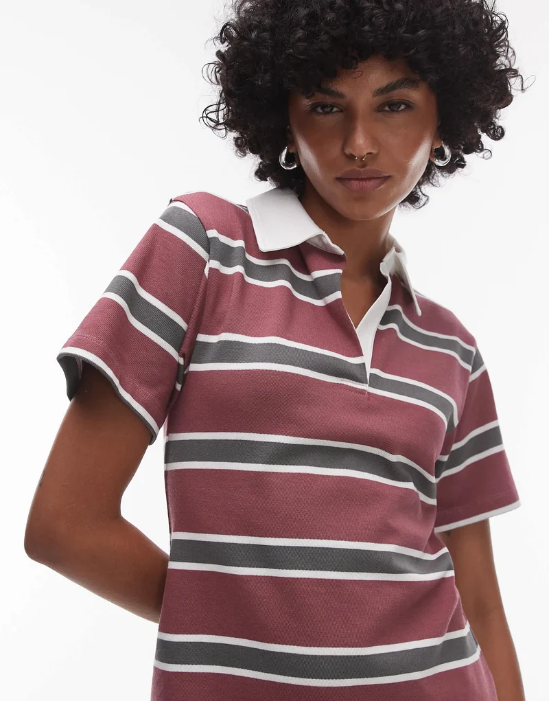 Topshop jersey shrunken polo mini dress in red stripe