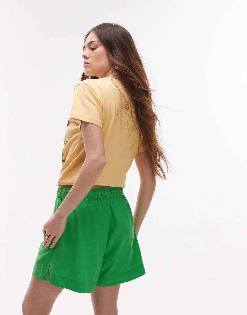 Topshop high rise drawcord linen shorts in green