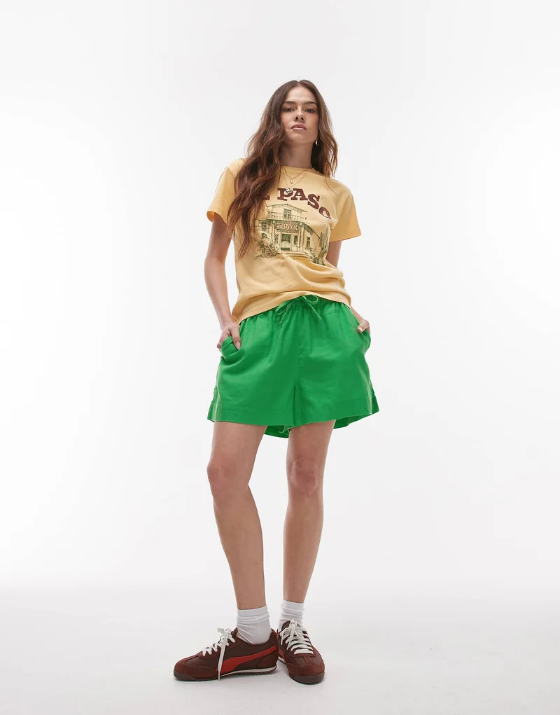 Topshop high rise drawcord linen shorts in green