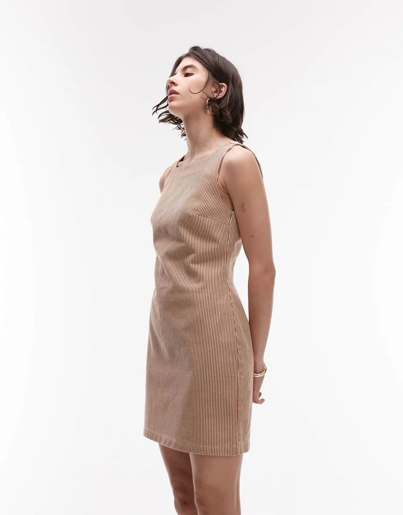 Topshop denim square neck tailored dress in tan stripe