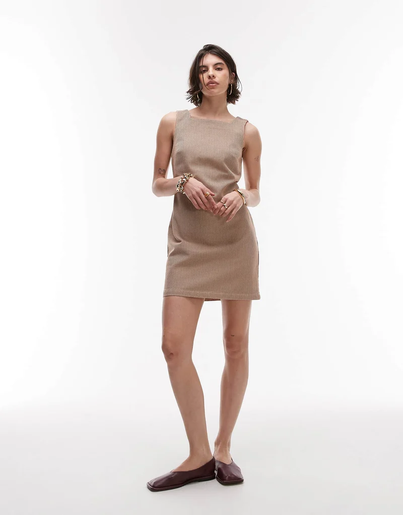 Topshop denim square neck tailored dress in tan stripe