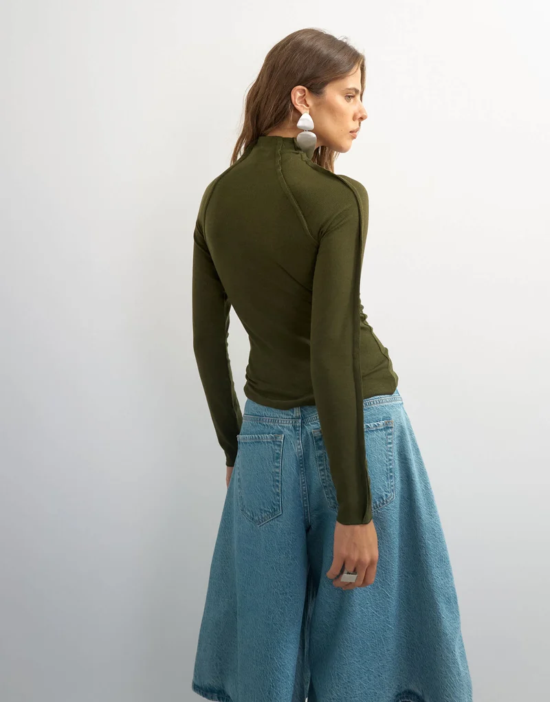 Topshop X Cara seamed long sleeve T-shirt in khaki