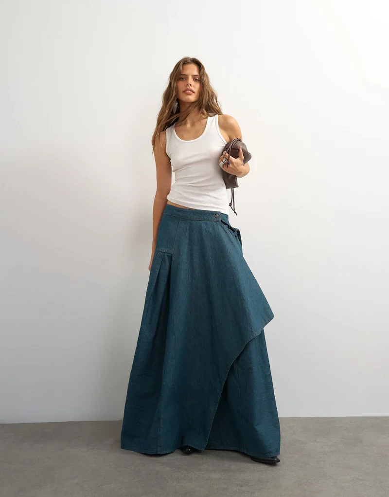 Topshop X Cara denim waterfall drape pleated skirt in green cast