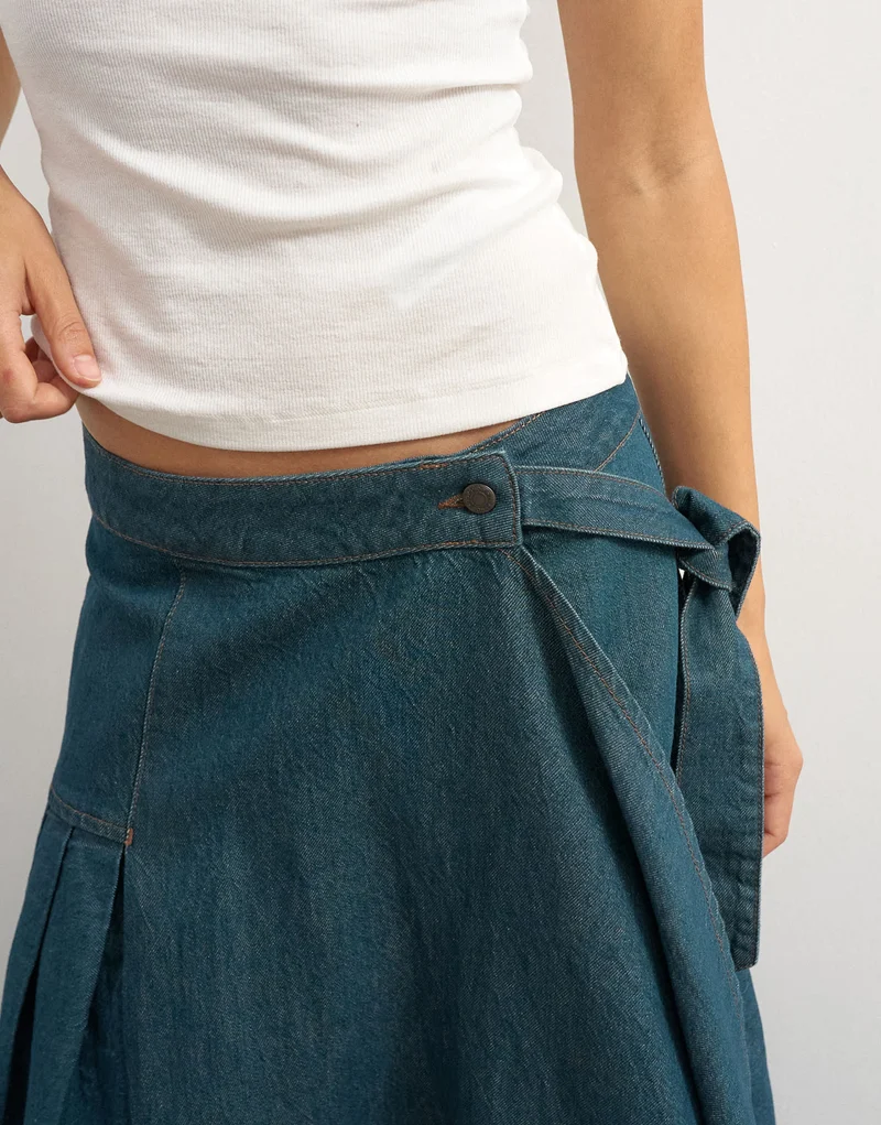 Topshop X Cara denim waterfall drape pleated skirt in green cast