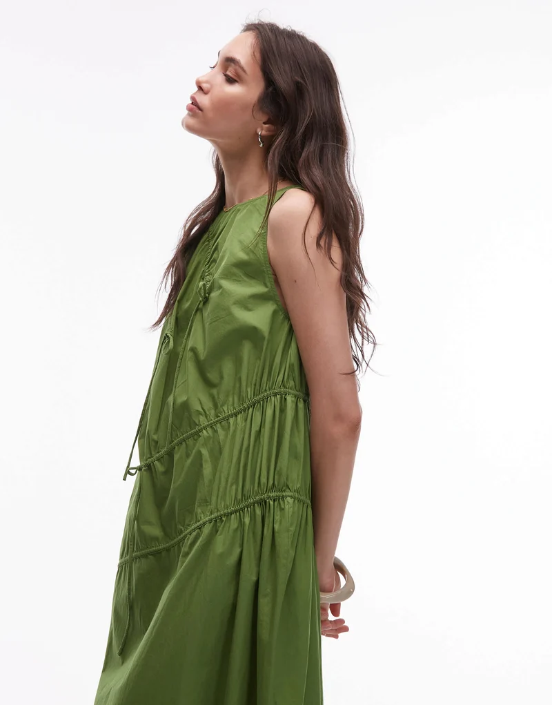 Topshop poplin ruched channel midi dress in green
