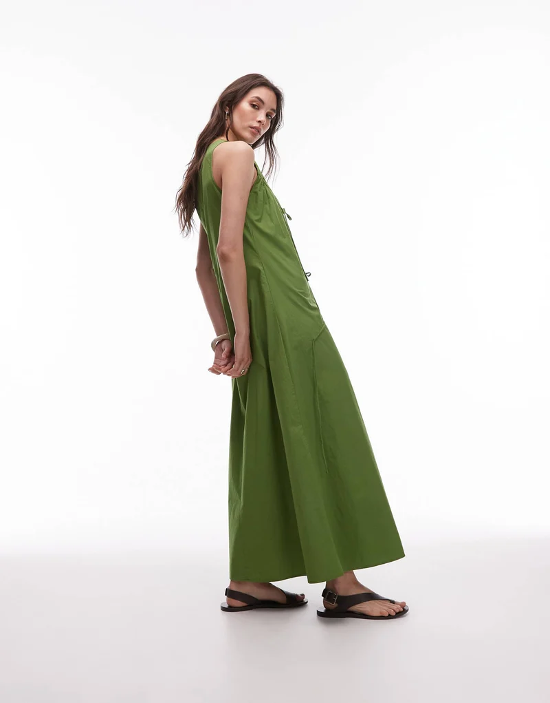 Topshop poplin ruched channel midi dress in green