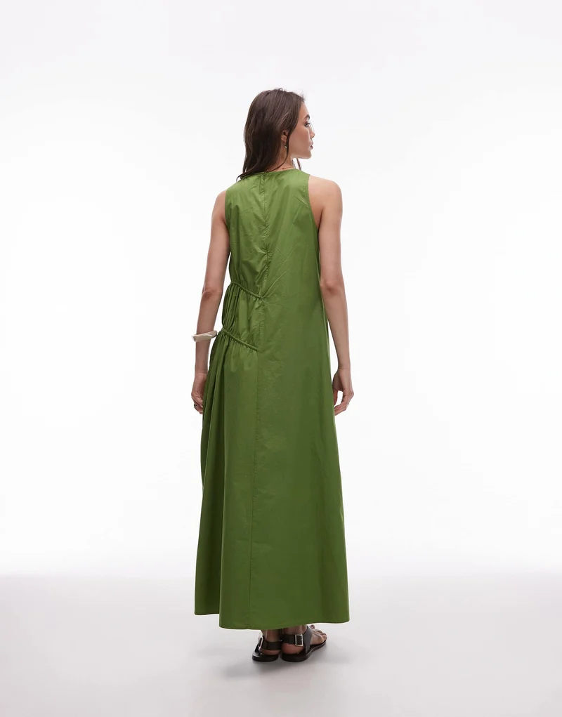 Topshop poplin ruched channel midi dress in green