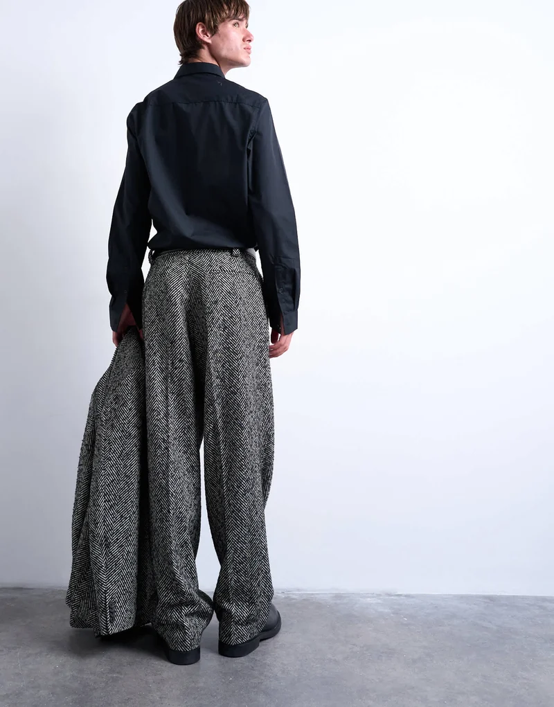 Topman wide leg wool blend herringbone trousers in black