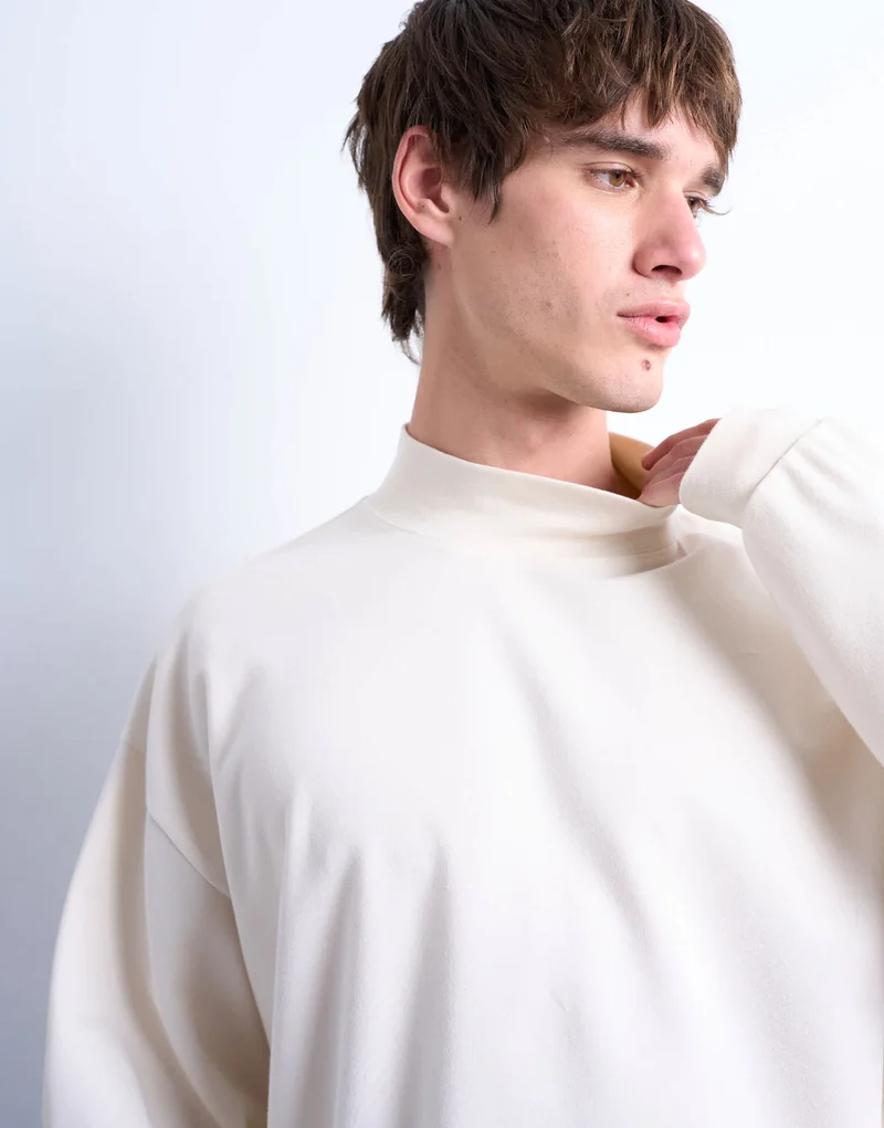 Topman relaxed fit high neck long sleeve t-shirt in ecru