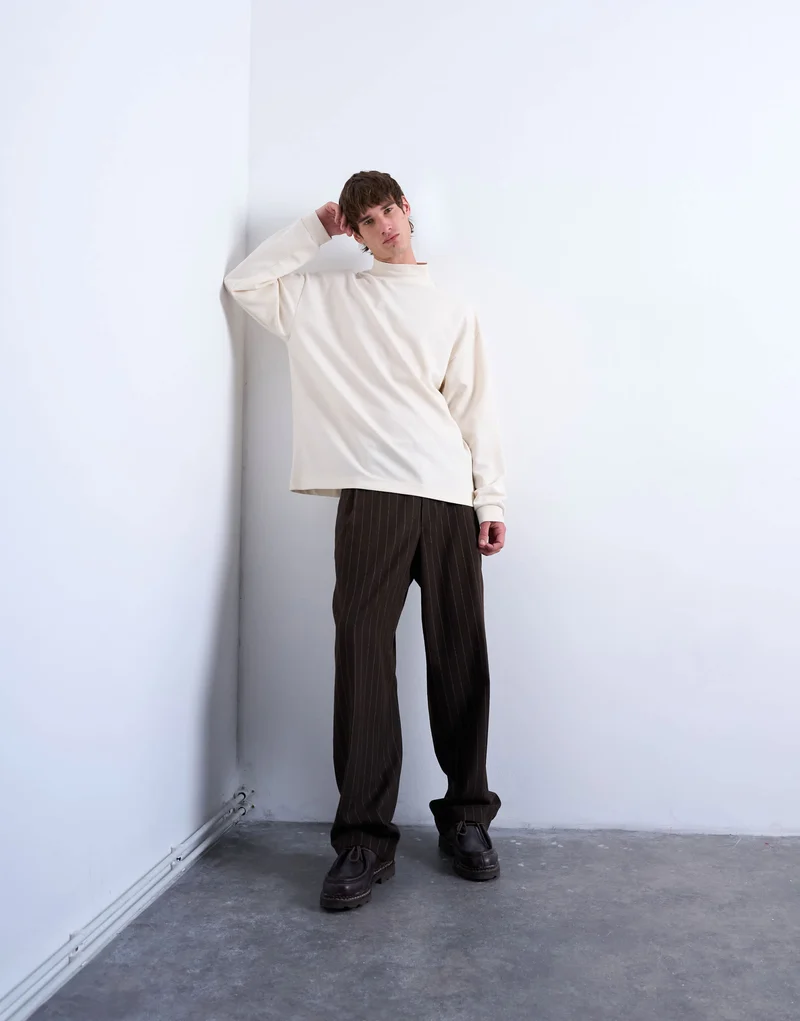 Topman relaxed fit high neck long sleeve t-shirt in ecru