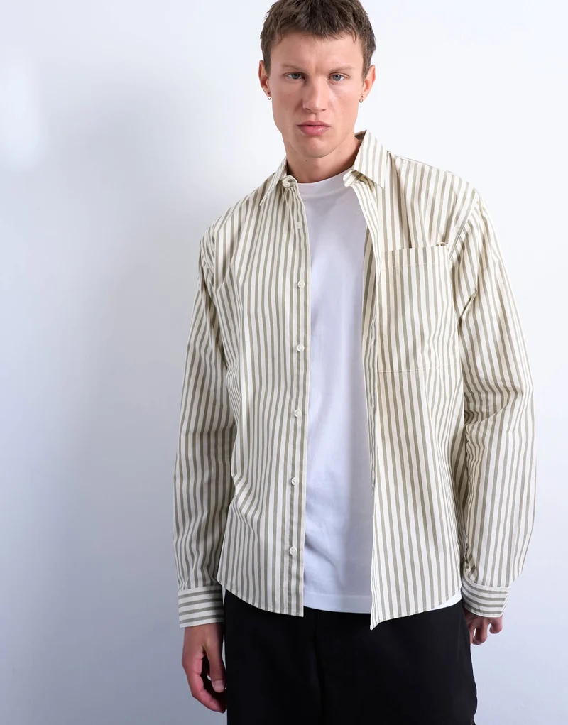 Topman relaxed fit stripe shirt in dusty green