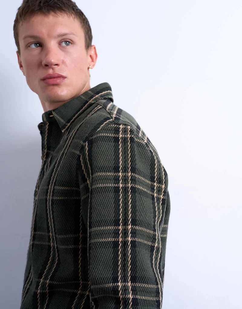 Topman regular fit textured check overshirt in green