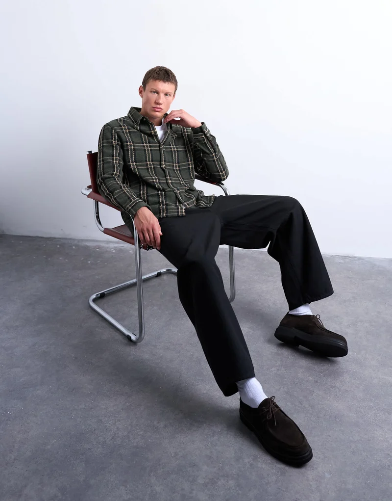 Topman regular fit textured check overshirt in green