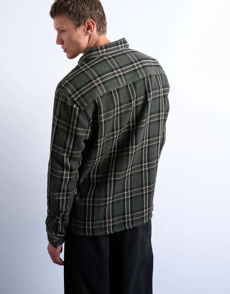 Topman regular fit textured check overshirt in green