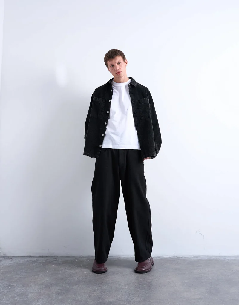 Topman washed cord overshirt in black
