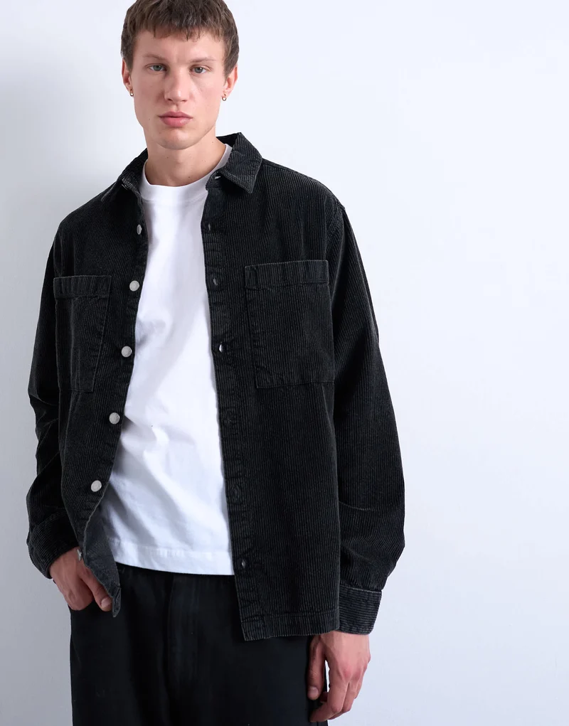 Topman washed cord overshirt in black