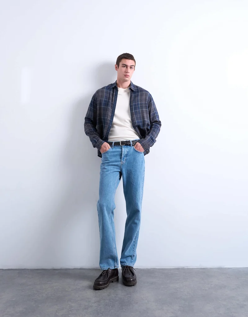 Topman regular fit sheer check shirt in navy
