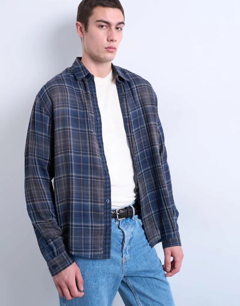 Topman regular fit sheer check shirt in navy